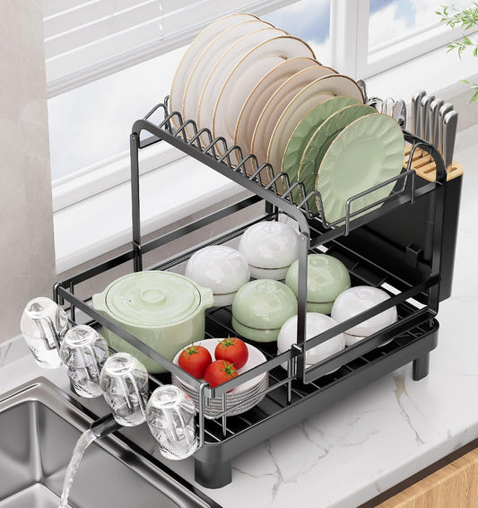 2-Tier Dish Drying Rack, Large Dish Drainers for Kitchen Counter | Anti-Rust Dish Rack with Drainboard, Utensil Holder, Extra Cup Holder, Black