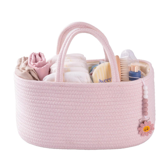 XUANGUO Pink Cotton Rope Baby Diaper Caddy Organizer Basket for Girls | Nursery Storage Bin, Portable Baby Tote Bag for Changing Table or Car, Baby Shower Gifts Bag, Newborn Essentials, Registry