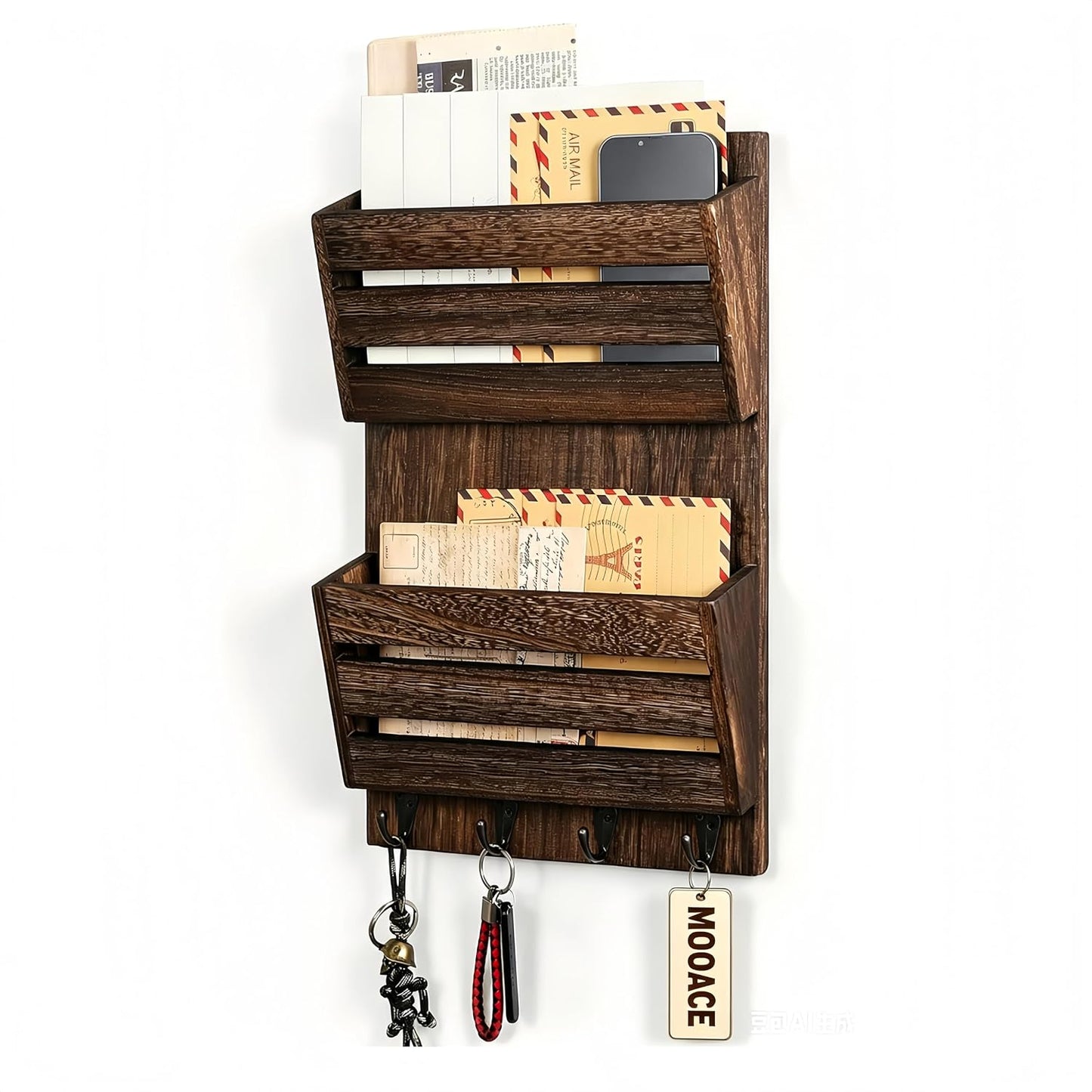 MOOACE Mail Organizer Wall Mount, Wood Mail and Key Holder with Hooks | 2-Slot Mail Sorter Organizer, Office File Organizer Letter Folder for Home Farmhouse Entryway Wall Decor