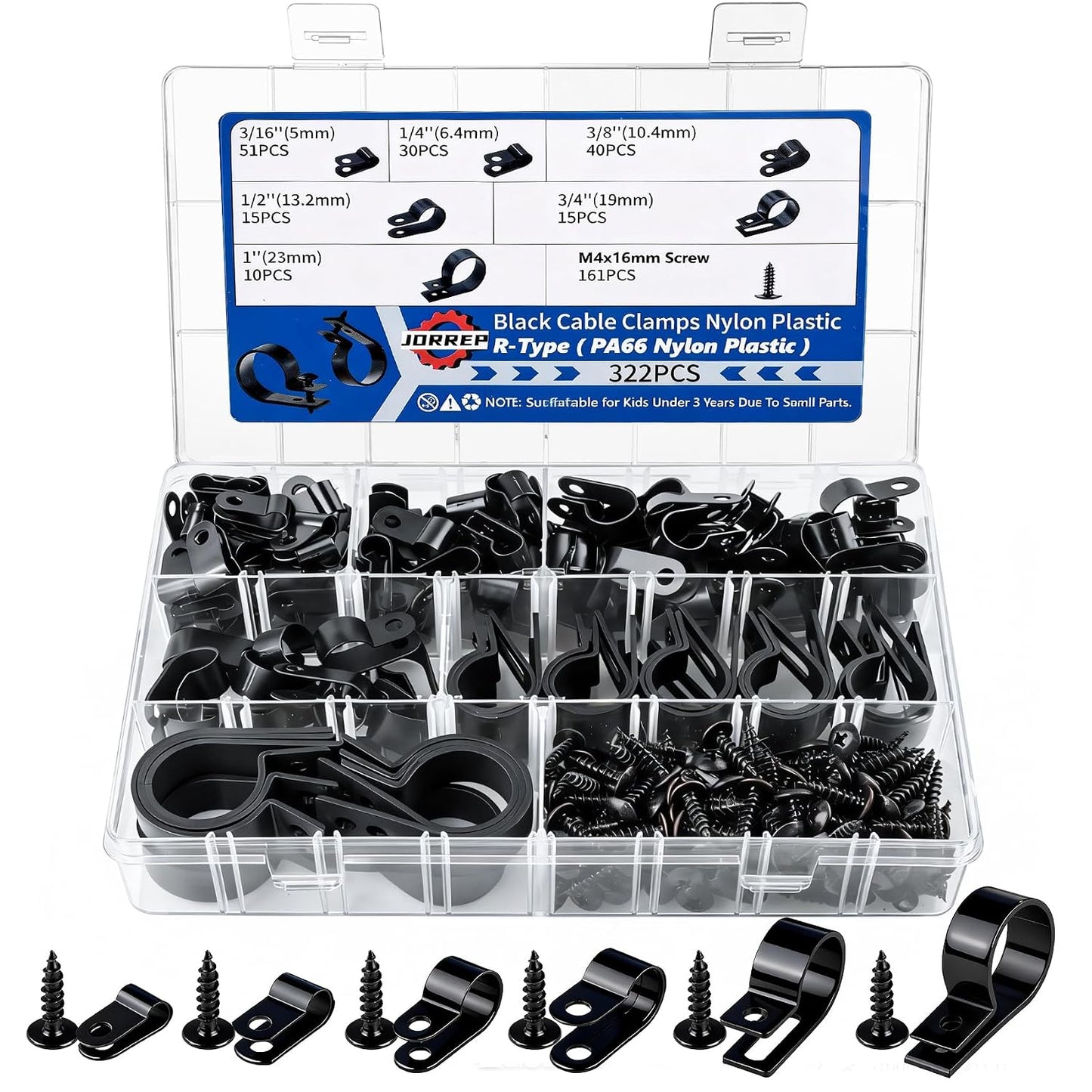 JORREP 322PCS R-Type Cable Clips, 3/16 to 1 in, 6 Sizes for Wire Management | PA66 Nylon, 3/16" 1/4" 3/8" 1/2" 3/4" 1", With screws, For office, garage, yard and auto wire setup, Easy to install