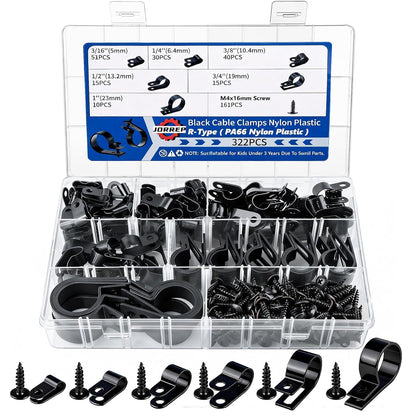 JORREP 322PCS R-Type Cable Clips, 3/16 to 1 in, 6 Sizes for Wire Management | PA66 Nylon, 3/16" 1/4" 3/8" 1/2" 3/4" 1", With screws, For office, garage, yard and auto wire setup, Easy to install