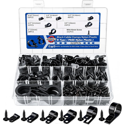 JORREP 322PCS R-Type Cable Clips, 3/16 to 1 in, 6 Sizes for Wire Management | PA66 Nylon, 3/16" 1/4" 3/8" 1/2" 3/4" 1", With screws, For office, garage, yard and auto wire setup, Easy to install