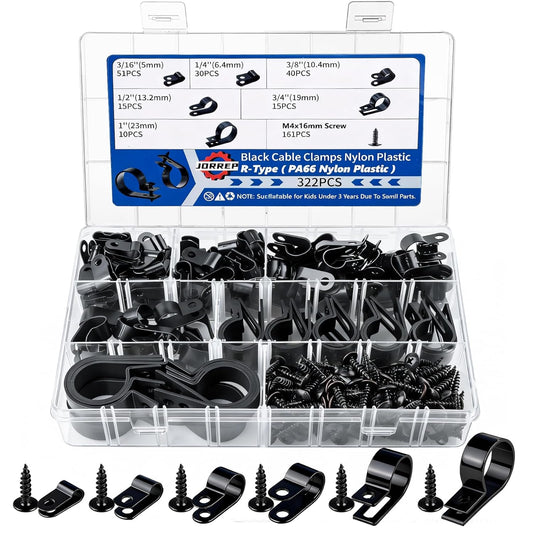 322PCS R-Type Cable Clips, 3/16 to 1 in, 6 Sizes f... (Black | Nylon)