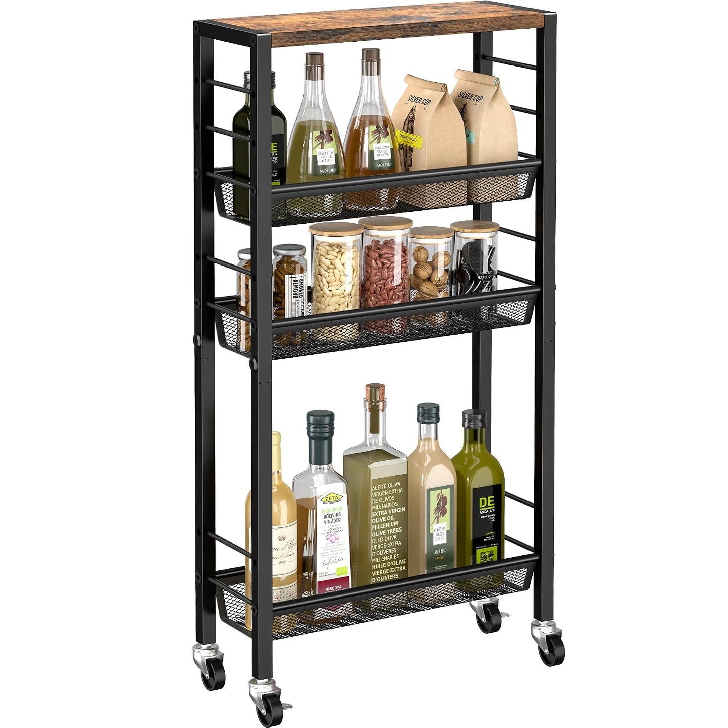 Slim Rolling Cart, 4-Tier Narrow Kitchen Storage Cart, Slim Utility Cart on Wheel, Skinny Bathroom storage cart with Wood Tabletop, 6.0" Deep, For Kitchen, Dining Room, Living Room, Laundry Room