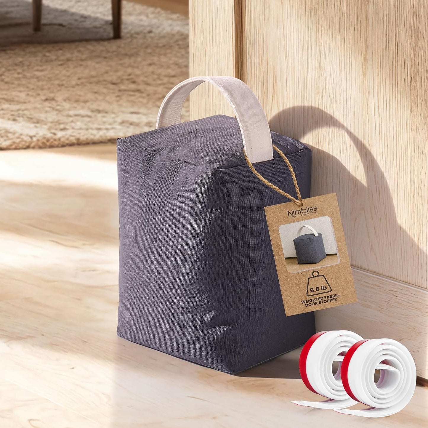Weighted Door Stopper 5.5 lb - Heavy Duty Fabric Door Weight with Handle, Non-Slip Floor Safe Door Stop for Home, Office, Bedroom & Classroom, Includes 2 Bonus Draft Seal Strips