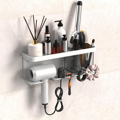 Hair Dryer Holder Wall Mounted Adhesive/Drilling, Hair Dryer Storage Organizer with Shelf & Hooks for Bathroom, Blow Dryer Holder, Hair Tool Organizer (White)