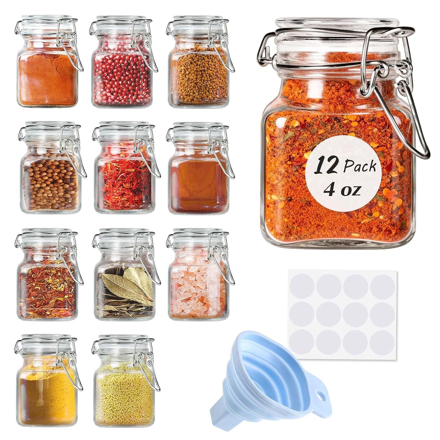 Spice Jars, 12 Pack 4oz Small Glass Jars with Airtight Hinged Lid, With 12 Spice Labels & Silicone Funnels, Airtight Glass Jars for Spices, Art Craft Storage (12 Pack)