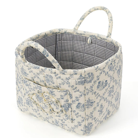 Floral Fabric Storage Basket Car Interior Storage Basket Underwear Sundries Laundry Baskets Supplies Home Organizer Bag (blue 2)
