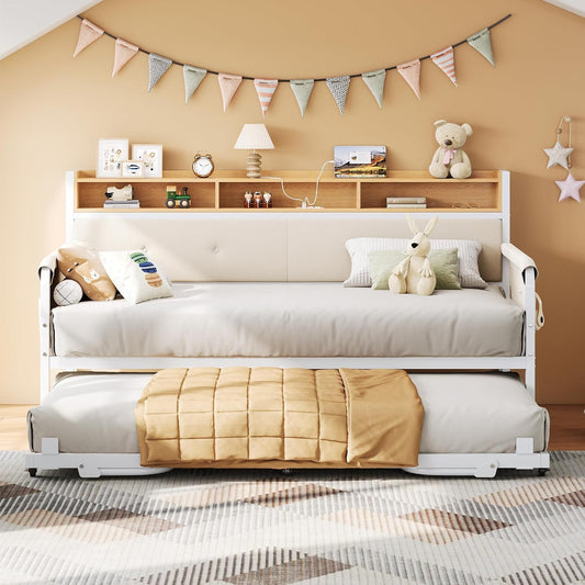 LIKIMIO Daybed with Trundle, Twin Bed Frame,White