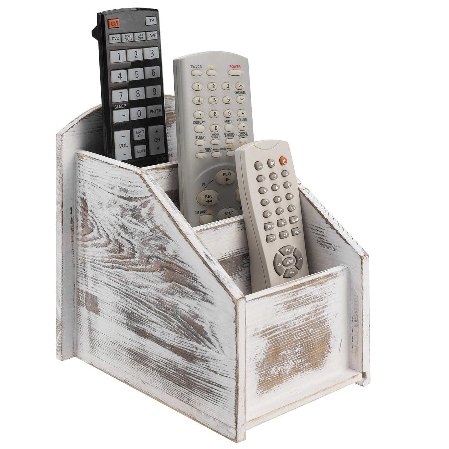 MyGift Whitewashed Wood TV Remote Control Holder with 3 Compartments | Modern Farmhouse Decor, Tabletop Media Remote Caddy/Organizer/Storage Box for Living Room, Coffee Table