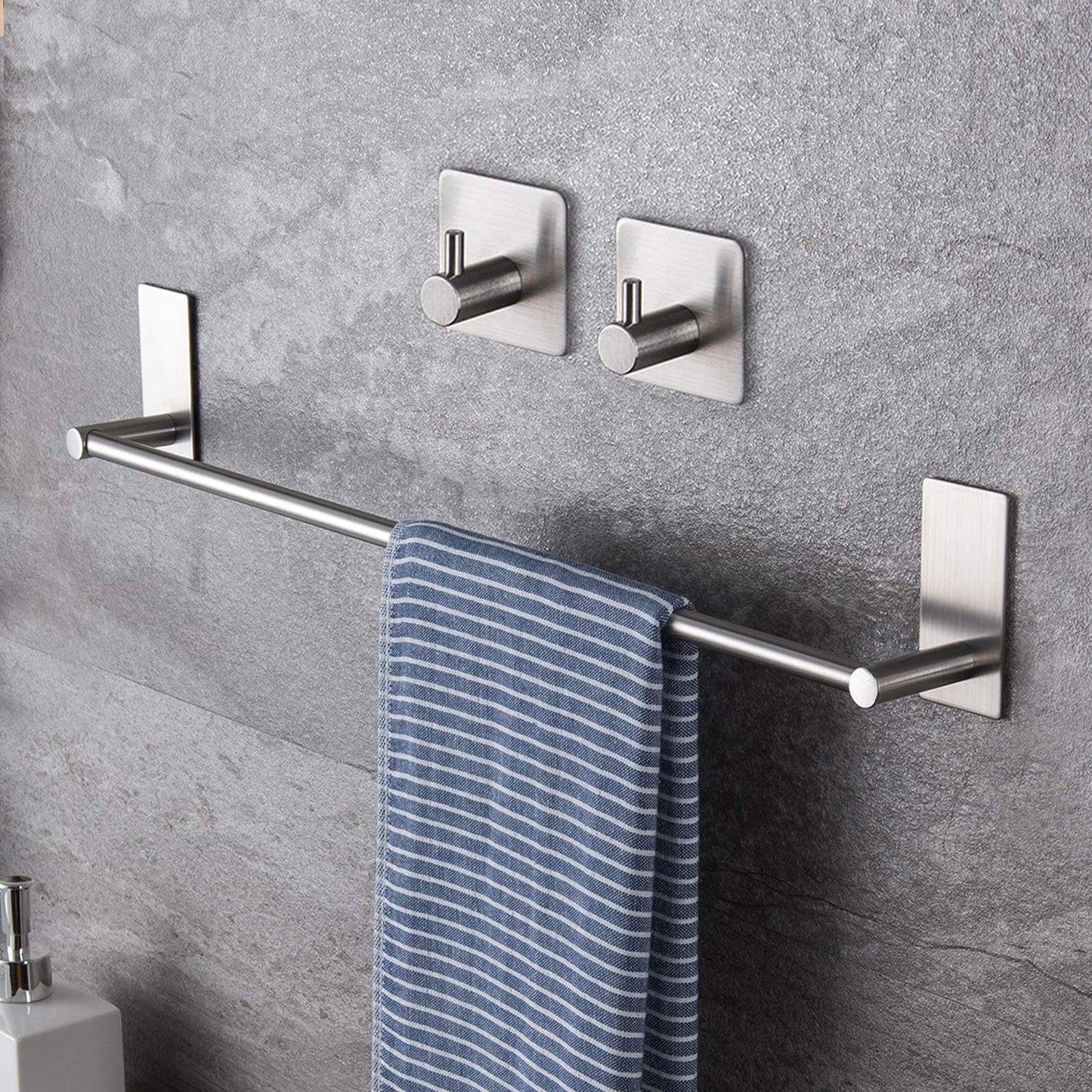 Taozun 16-Inch Self-Adhesive Towel Bar with 2 Pack Hooks, Stainless Steel | Rustproof, No Drilling, Bathroom Hardware Accessory Kit, for Kitchen, RV, Hang Towels, Robes, Keys