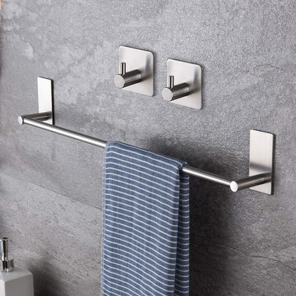 Taozun 16-Inch Self-Adhesive Towel Bar with 2 Pack Hooks, Stainless Steel | Rustproof, No Drilling, Bathroom Hardware Accessory Kit, for Kitchen, RV, Hang Towels, Robes, Keys
