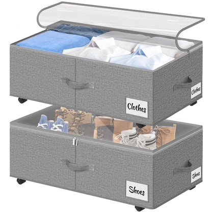 Under Bed Storage with Wheels, 2-Pack 10" Height XXL 75L Rolling Storage Bins, Quick Assembly Underbed Shoe Storage Containers with Clear Lid & Label, Dorm Under Bed Drawers for Clothes, Shoes, Grey