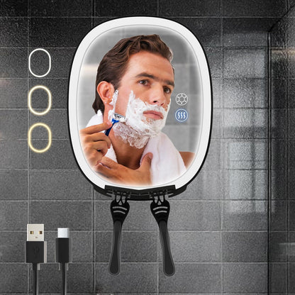 VOCOSTE Shower Mirror Fogless for Shaving with Light 360° Rotation, Black | Rechargeable Heated Anti-Fog Mirror, 3 Colors Lights, Dimmable Brightness, 14Days Runtime, 2 Razor Holders, No-drill Setup