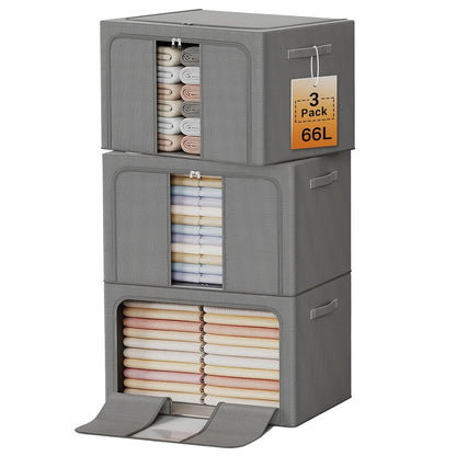 Clothes Storage Bins with Metal Frame, Foldable Clothes Organizers Storage Containers for Clothes, Sheets, Blankets, Pillows and Towels （66L, 3 Pack, Deep Grey