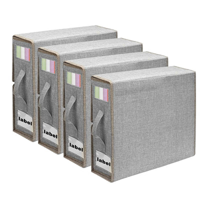 4 Pack Bed Sheet Organizer for Linen Closet, Foldable Sheet Organizers and Storage Containers with Window & Label, Bedding Storage Organizer for Sheets, Duvet Covers, Blankets, Grey