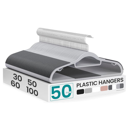 SONGMICS Pack of 50 Coat Hangers, Space-Saving Plastic Clothes Hangers, Non-Slip, 0.2 Inches Slim, 16.5 Inches Wide, 360° Swivel Silver Hook, Light Gray and Dark Gray UCRP20G50