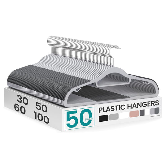 SONGMICS Pack of 50 Coat Hangers, Space-Saving Plastic Clothes Hangers, Non-Slip, 0.2 Inches Slim, 16.5 Inches Wide, 360° Swivel Silver Hook, Light Gray and Dark Gray UCRP20G50