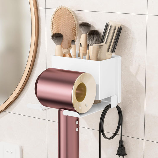 BOIVSHI Hair Dryer Holder, White Blow Dryer Holder, 2 Installation Options | Hair Dryer Wall Mount for Bathroom, Space Saving Hair Dryer Storage with Hook, Adhesive and Screw Mounting