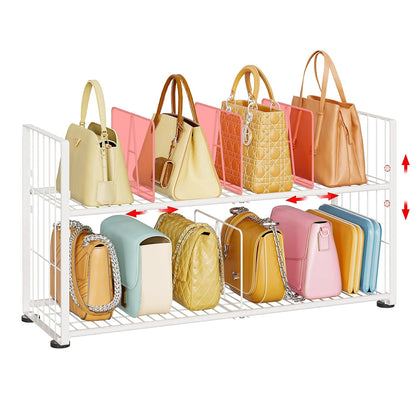 koozuuyk Purse Organizer for Closet-2 Tier Handbag Wire Organizer Rack with 6 Adjustable Shelf Dividers,Handbag Storage Holder for Purses,Totes,Clutches&Chain Bags