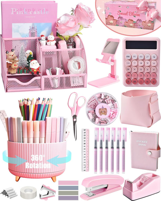 21Pcs Pink Desk Organizers and Accessories With Mesh Desk Organizer and 360°Rotating Pen Holder and a Lot of Office Pink Office Supplies Beautifully Presented in a Gift Box