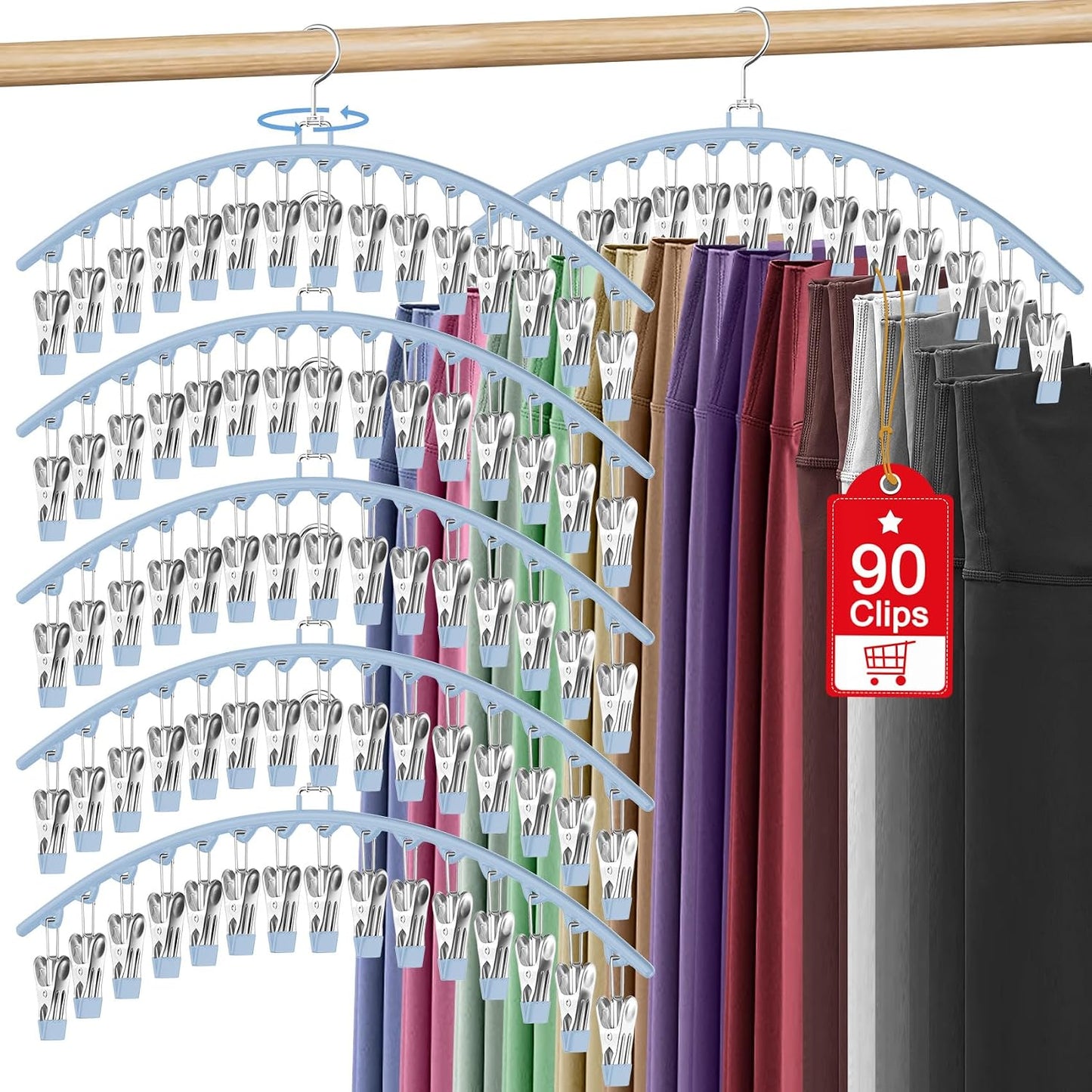 6 Pack Legging Organizer for Closet Hanging, Pants Hangers with Clips Metal | Holds 90 Leggings, Shorts, Skirts, Jeans, Hat, Pants Hangers Space Saving Clothes Rack Closet Organizers and Storage Blue