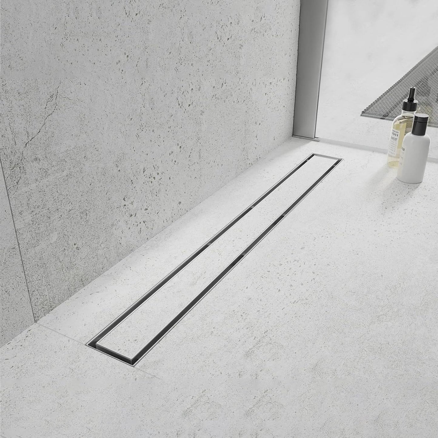 24"Linear Shower Drain Brushed Silver Drain with Tile Insert Grate | AISI 304 Stainless Steel Fast Drainage Rectangle Hidden Shower Trench,Detachable Hair Catcher Easy to install,Leveling Feet