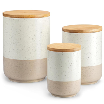 vancasso Sabine Kitchen Canister Set of 3, Ceramic Food Storage Containers with Airtight Wood Lids, Countertop & Pantry Organization for Flour, Sugar, Coffee, Tea & Snacks