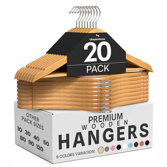 Utopia Home Wooden Hangers 20 Pack – Slim Suit Hangers Natural | 360° rotatable hook | Shoulder grooves | Durable & slim design | Ideal for suits, coats & jackets