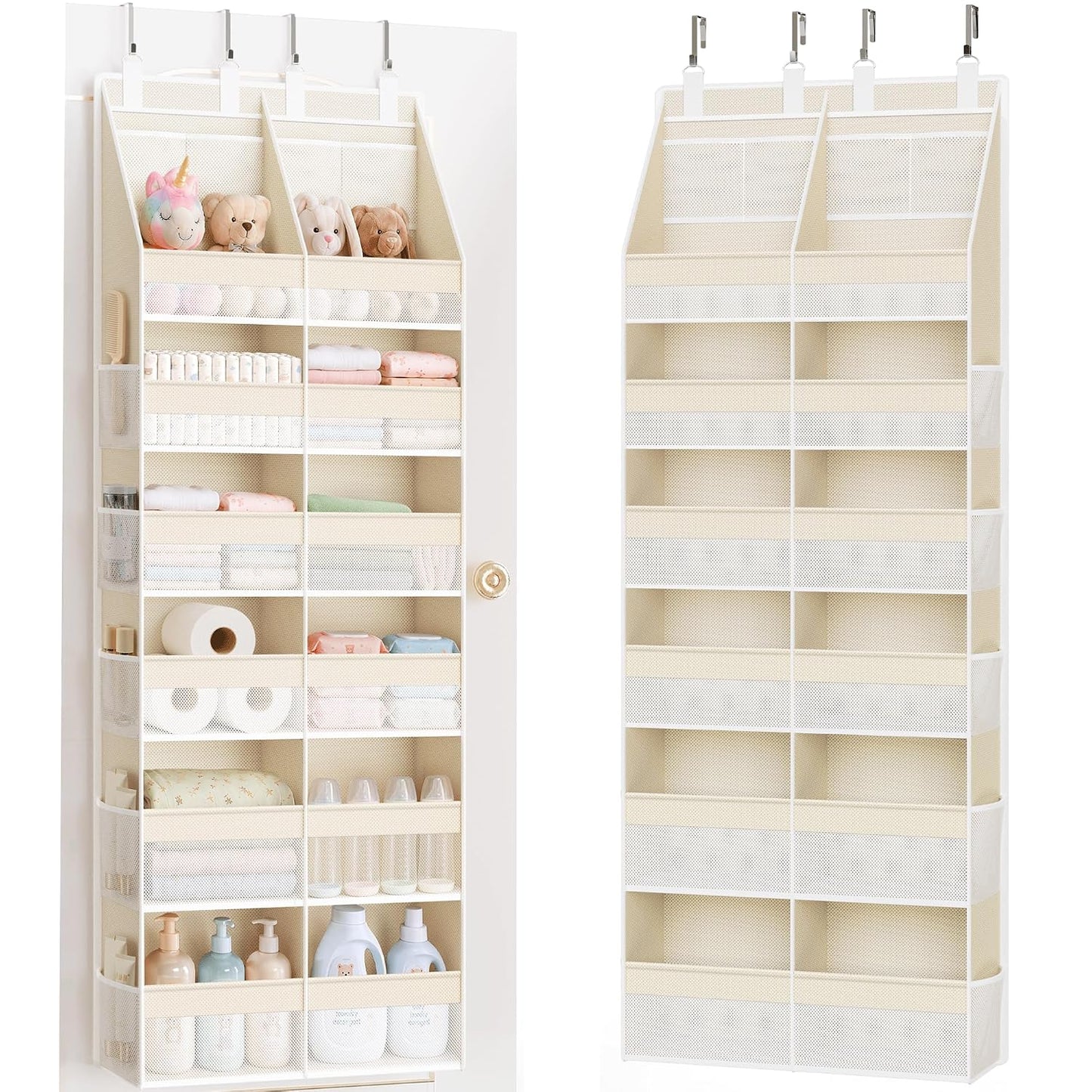 Over the Door Organizer, Extra Large 12 Compartments Closet Hanging Storage with 14 Mesh Pockets, 85lbs Capacity Behind the Door Storage for Baby Nursery, Bathroom, Bedroom, and Dorm, Beige
