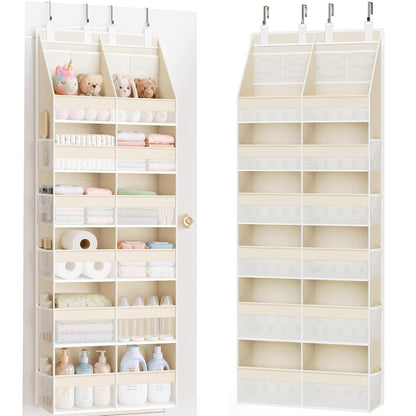 Over the Door Organizer, Extra Large 12 Compartments Closet Hanging Storage with 14 Mesh Pockets, 85lbs Capacity Behind the Door Storage for Baby Nursery, Bathroom, Bedroom, and Dorm, Beige