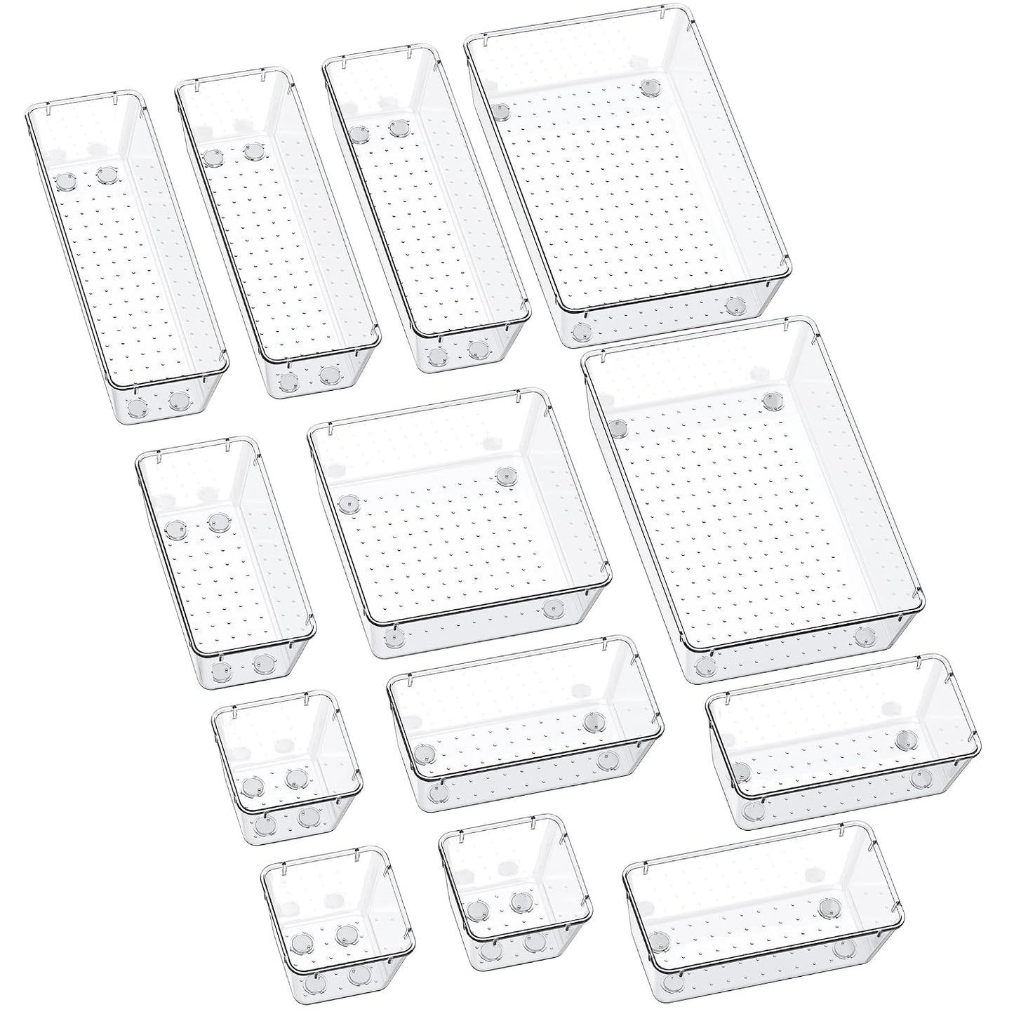 SMARTAKE 13-Piece Drawer Organizers with Non-Slip Silicone Pads, 5-Size | Clear Desk Bathroom Drawer Organizer Trays Storage Tray for Makeup, Jewelry, Utensils in Bedroom Dresser, Office and Kitchen