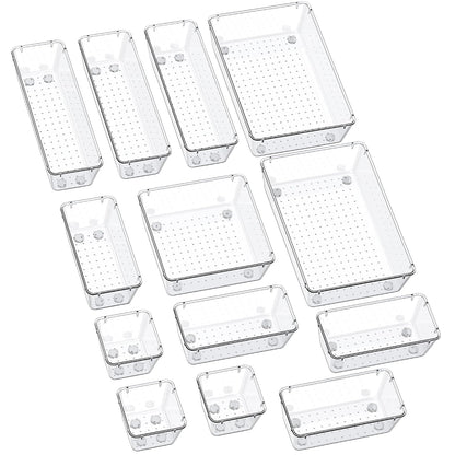 SMARTAKE 13-Piece Drawer Organizers with Non-Slip Silicone Pads, 5-Size | Clear Desk Bathroom Drawer Organizer Trays Storage Tray for Makeup, Jewelry, Utensils in Bedroom Dresser, Office and Kitchen