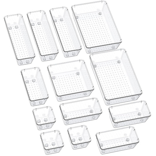 SMARTAKE 13-Piece Drawer Organizers with Non-Slip Silicone Pads, 5-Size | Clear Desk Bathroom Drawer Organizer Trays Storage Tray for Makeup, Jewelry, Utensils in Bedroom Dresser, Office and Kitchen