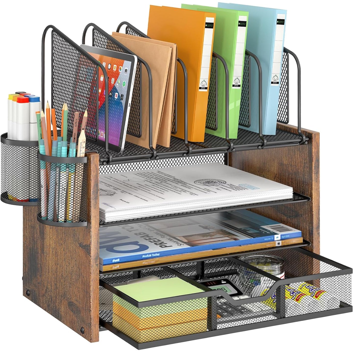 4-Tier Mesh Desk Organizer, Wooden Desk File Organizer with 5 Vertical File Holders and 2 Pen Holders, Desktop Organizers and Accessories with Drawer for Home Office