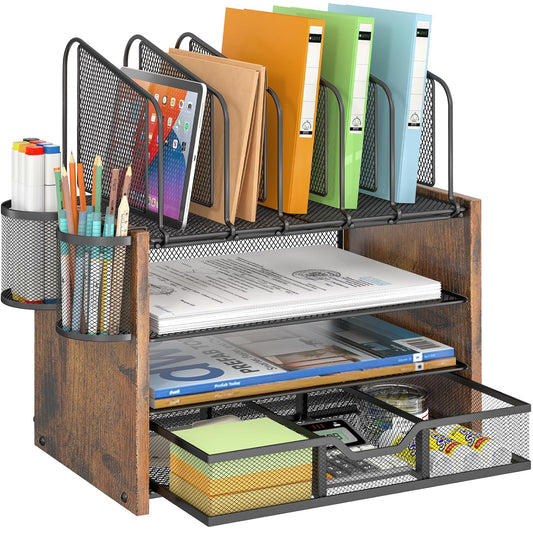 4-Tier Mesh Desk Organizer, Wooden Desk File Organ... (4 Tier-Upgrade | Wood)