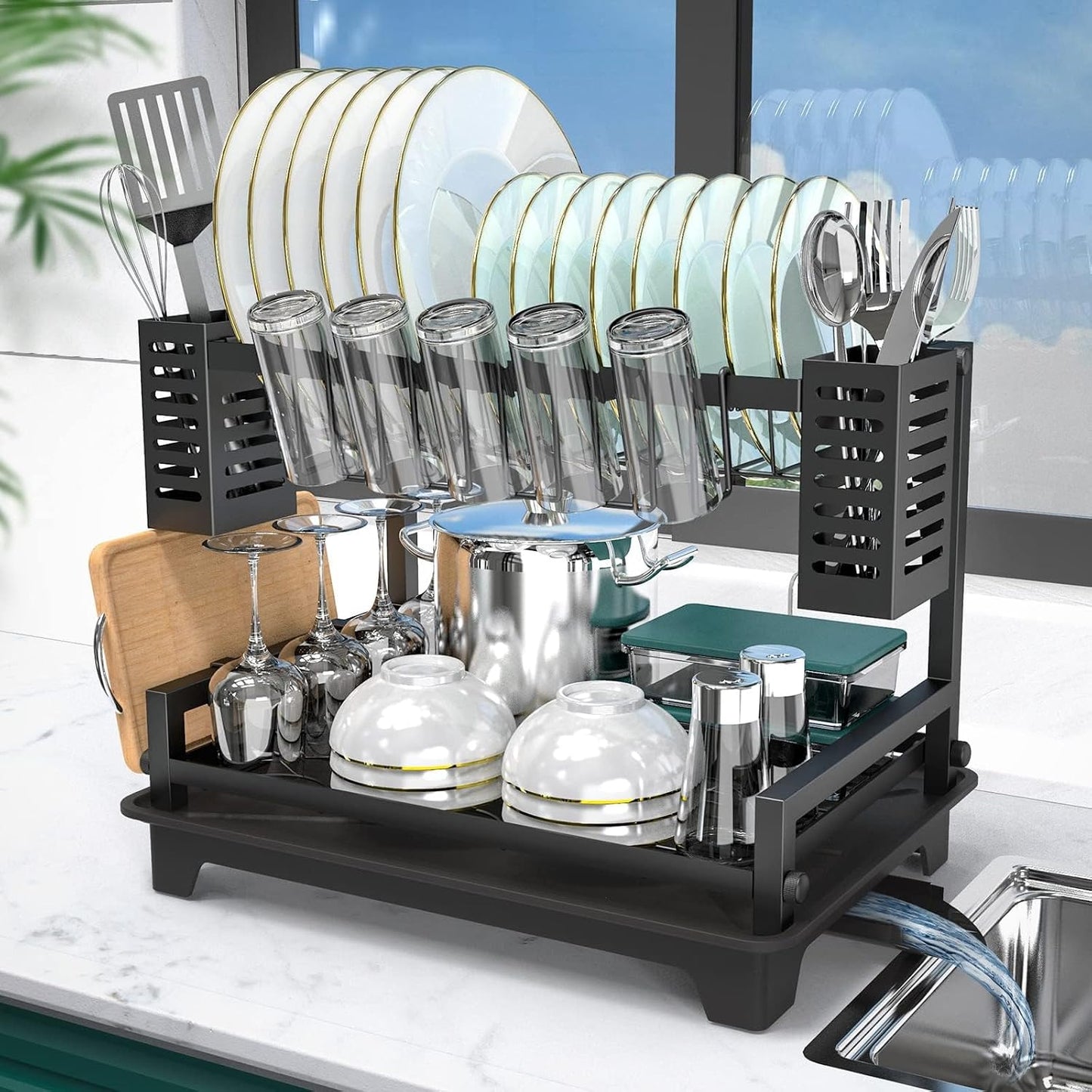 Dish Drying Rack: 2 Tier Dish Racks for Kitchen Counter and Sink | Large Dish Drying Rack with Drainboard & Utensil Holders - Stainless Steel Dish Drainers Kitchen Organization and Storage
