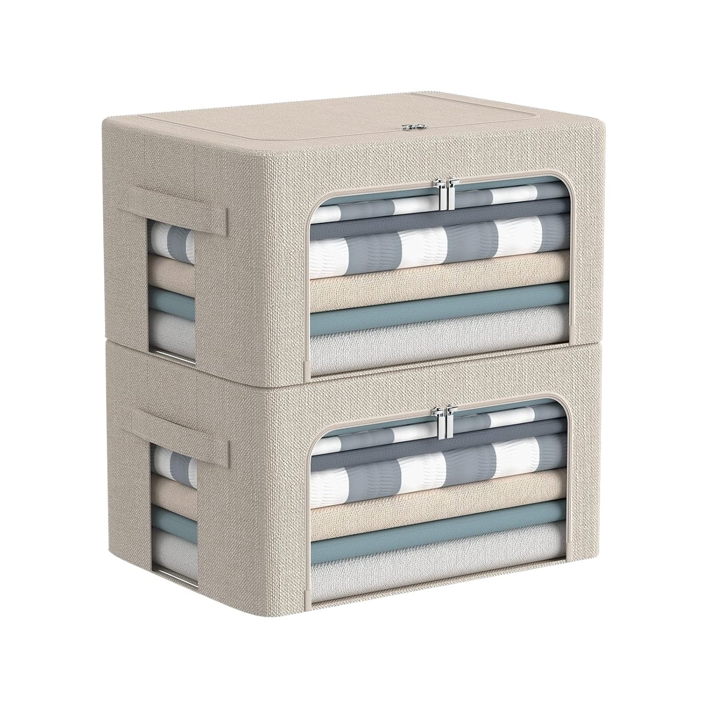 CYhom Clothes Storage Bins Box - Linen Fabric Foldable Stackable Container Organizer Set with Clear Window & Carry Handles & Metal Frame - 2Pack Large Capacity for Bedding, Blankets, Books