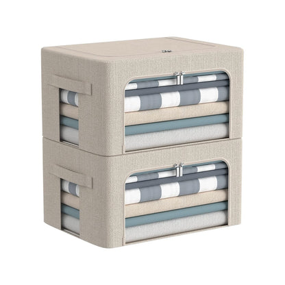 CYhom Clothes Storage Bins Box - Linen Fabric Foldable Stackable Container Organizer Set with Clear Window & Carry Handles & Metal Frame - 2Pack Large Capacity for Bedding, Blankets, Books