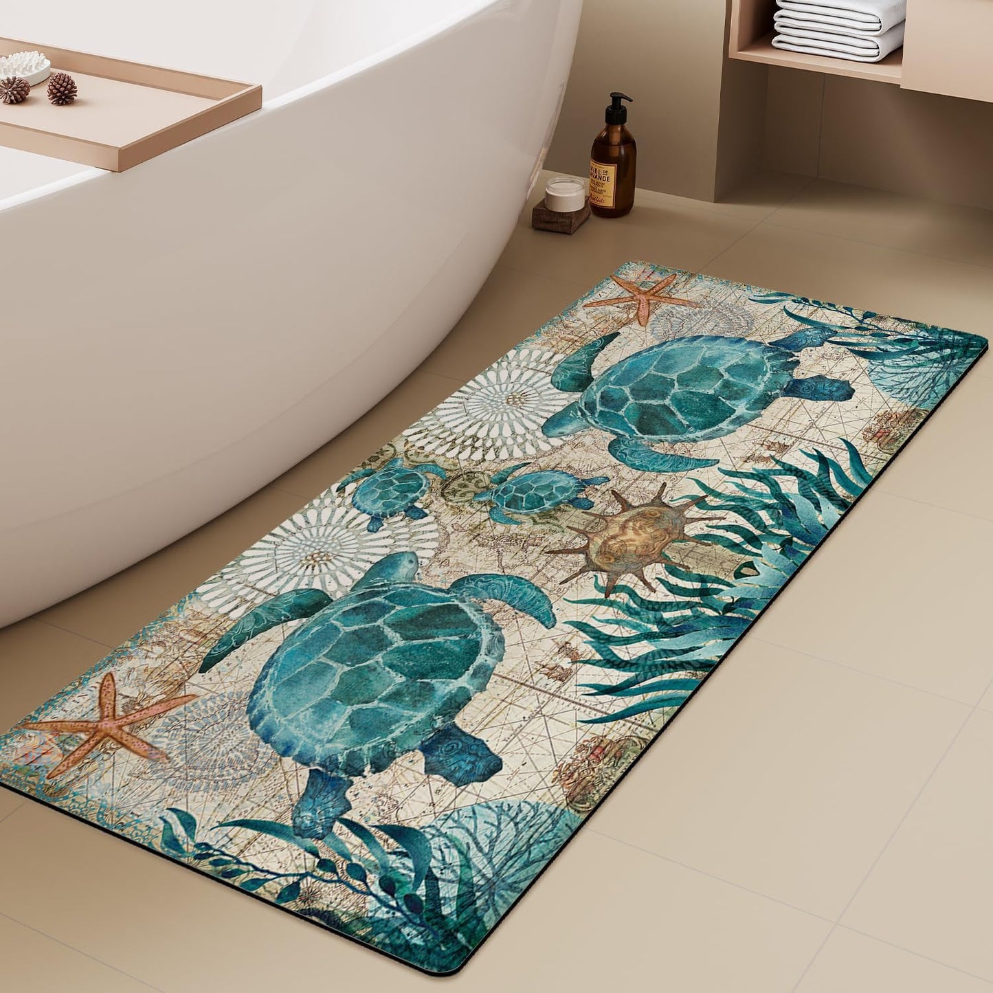 Extra Long Bath Rug, Blue Vintage Sea Turtle Decor Non Slip Bath Runner Rug with Rubber Backing, Thin Absorbent Quick Dry Bath Mats for Bathtub Bathroom Kitchen, 15.7x47.2 inch