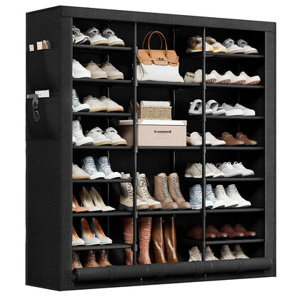 9 Tier Shoe Rack with Cover, Cabinet for 55 Pairs, Black | Large family capacity for boots/heels/sneakers. Reinforced stability. Slim footprint, corner-friendly. Quick no-tool setup.