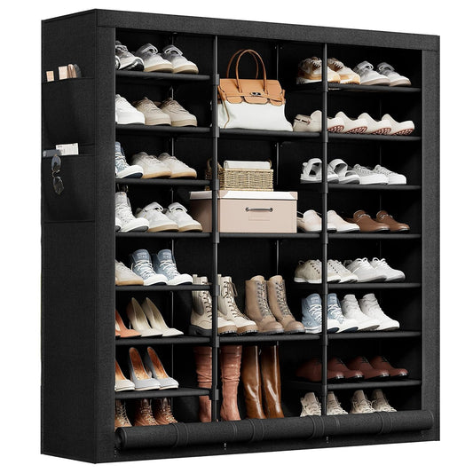 9 Tier Shoe Rack with Cover, Cabinet for 55 Pairs, Black | Large family capacity for boots/heels/sneakers. Reinforced stability. Slim footprint, corner-friendly. Quick no-tool setup.