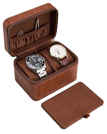 ProCase 2-Slot Watch Travel Case for Men, Portable Watch Holder -Brown | PU Leather, Compact Small Travel Carrying Box, Storage Case for Luxury Watches & Smartwatches with Jewelry Compartment