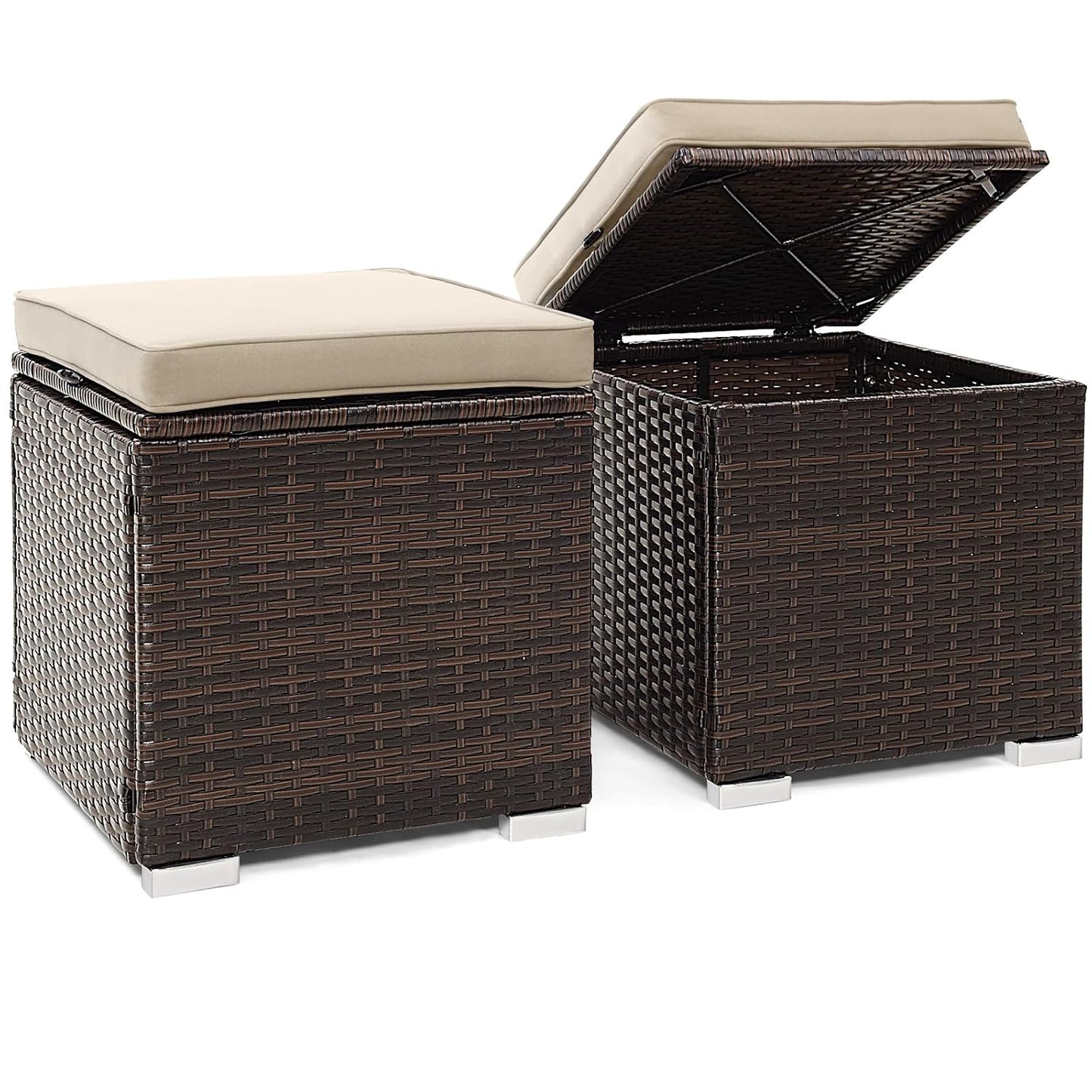 Tangkula 2 Pieces Patio Ottomans, Patiojoy Hand-Woven PE Rattan Side Table with Removable Cushion & Hidden Storage Space, Multifunctional Storage Box, Seat for Patio, Backyard, Poolside (Beige)
