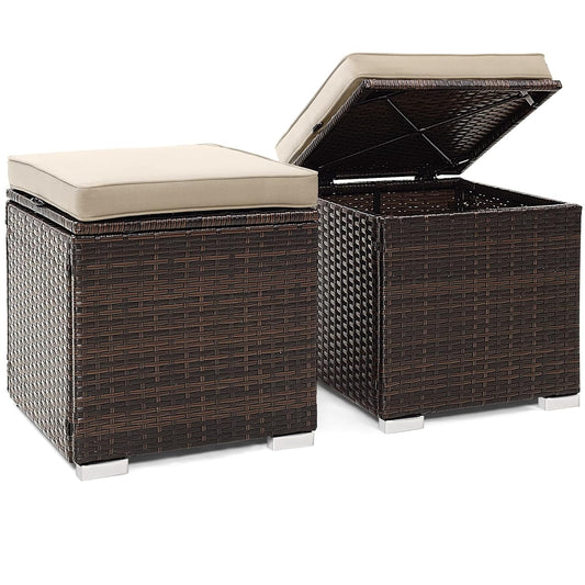 Tangkula 2 Pieces Patio Ottomans, Patiojoy Hand-Woven PE Rattan Side Table with Removable Cushion & Hidden Storage Space, Multifunctional Storage Box, Seat for Patio, Backyard, Poolside (Beige)