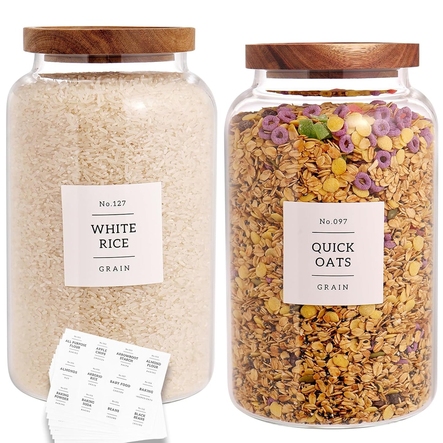 CZHQSMZ Set of 2 Large Glass Jar with Airtight Acacia Lid and 132 Kitchen Pantry Labels, Clear Glass Food Storage Jars Containers for Rice Flour Pasta Sugar Coffee Cookie and More(98 Fl Oz/2800 Ml)