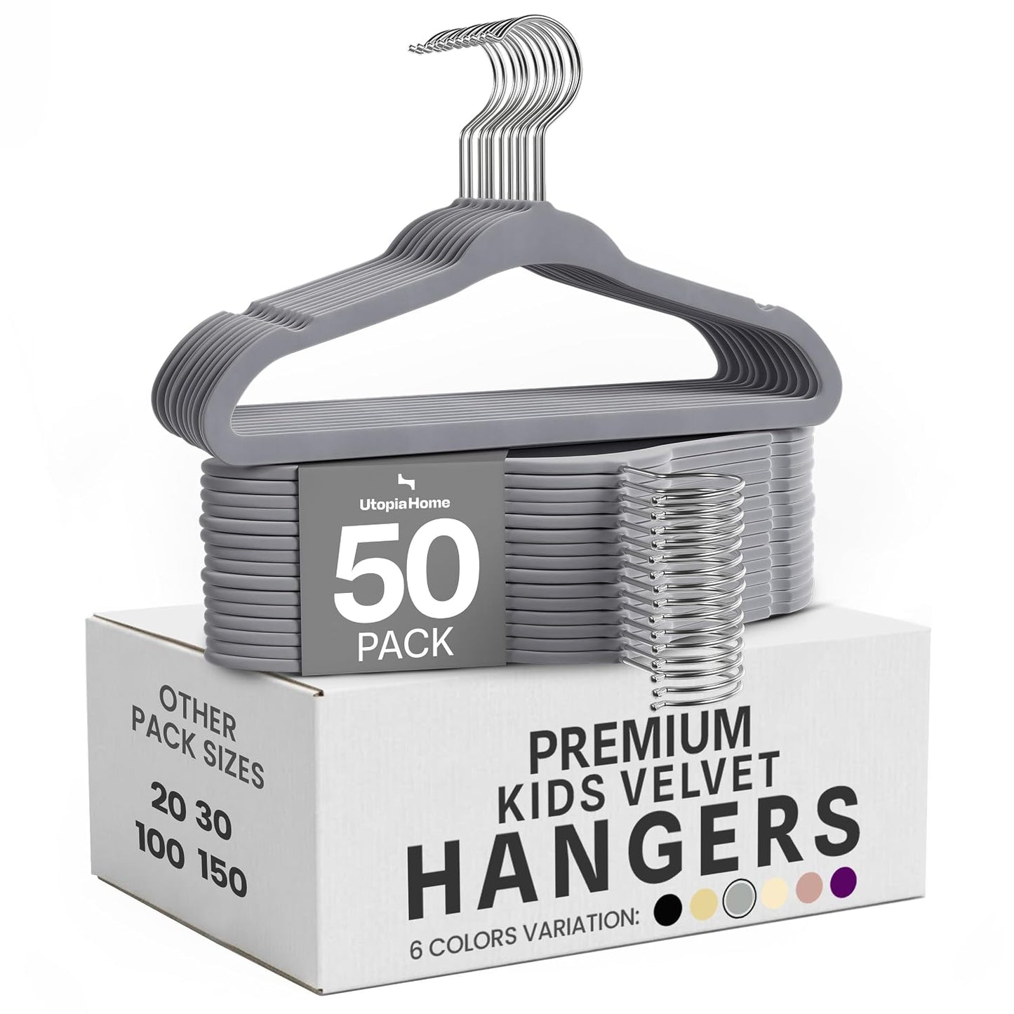 Utopia Home Kids Velvet Hanger 50 Pack – 11" Premium Baby Hangers - Grey | Premium Non-Slip Baby Hangers for Baby and Toddlers, Durable Ultra-Slim Space-Saving Closet Organizers