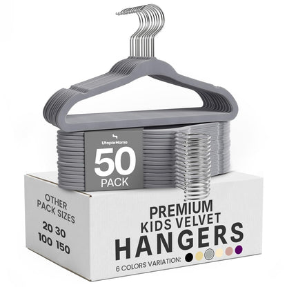 Utopia Home Kids Velvet Hanger 50 Pack – 11" Premium Baby Hangers - Grey | Premium Non-Slip Baby Hangers for Baby and Toddlers, Durable Ultra-Slim Space-Saving Closet Organizers