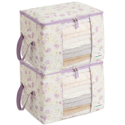 Canvas Storage Bags Designer Organizer 2 Pack – Seasonal Storage for Sweaters, Blankets, Linens & Garments – Foldable Design with Zip & Window (Purple Floral Print)