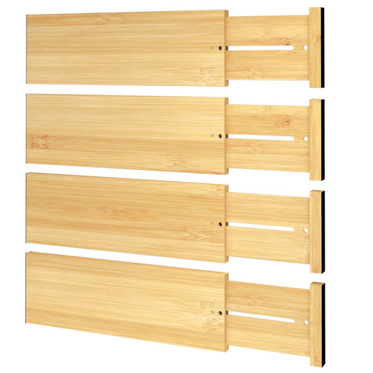 BAMEOS Bamboo Expandable Drawer Dividers – Fits 12.2"–17" Drawers, 4" Extra Deep Walls, Set of 4 | Tall Spring-Loaded Separator for Baby Dresser, Sock Drawer & Bathroom Cabinet
